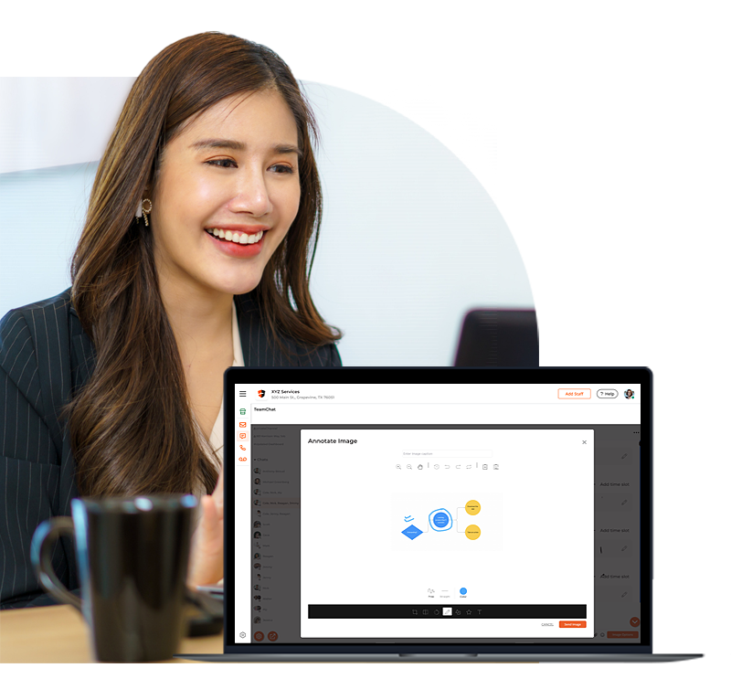 Female Small Business Owner in a Black Suit Using Thryv's TeamChat Tool to Annotate an Image.