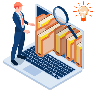 Clipart of a business man standing on top of a laptop with files popping through the screen.