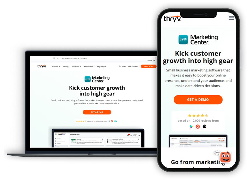 A laptop and phone displaying the webpage for Thryv's Marketing Center.
